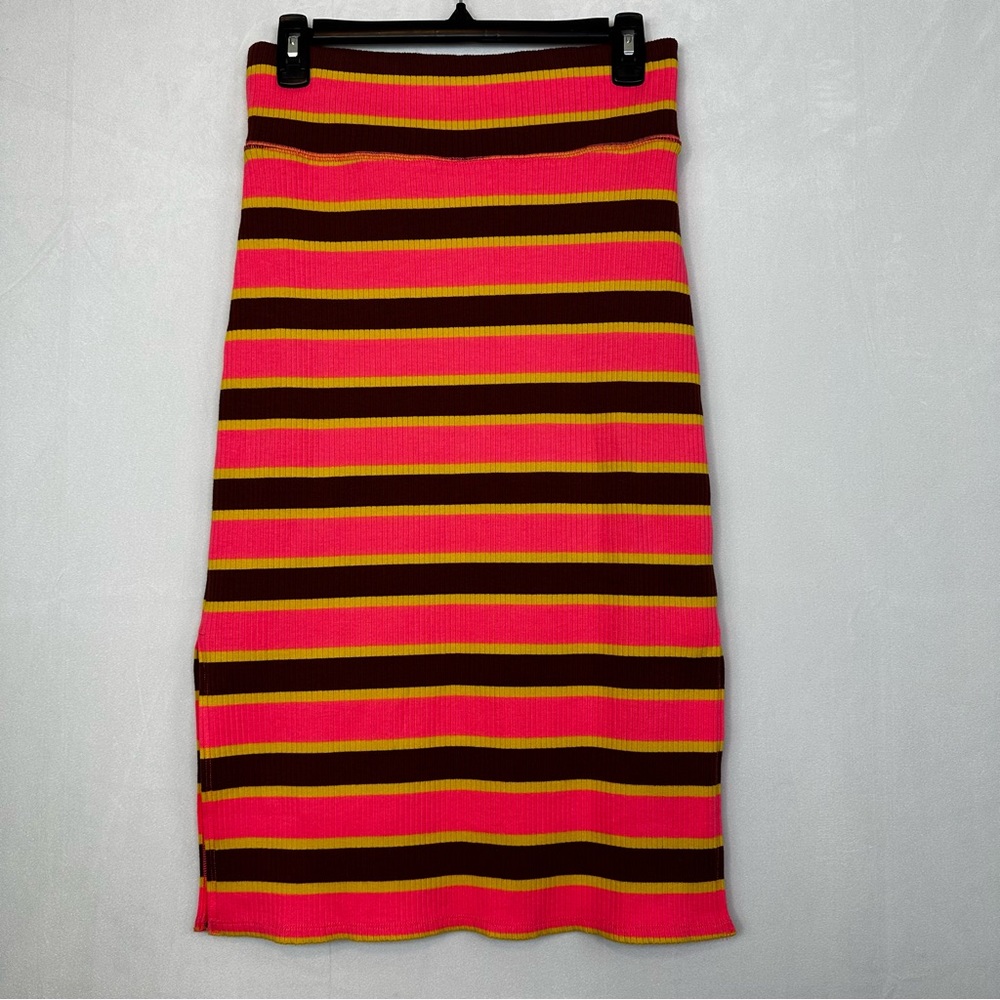 Aerie Striped Midi Pencil Skirt Ribbed Pink Side Slit Summer Funky Retro